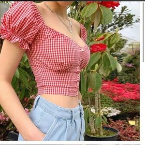 Puff Sleeve Gingham Button Down Top